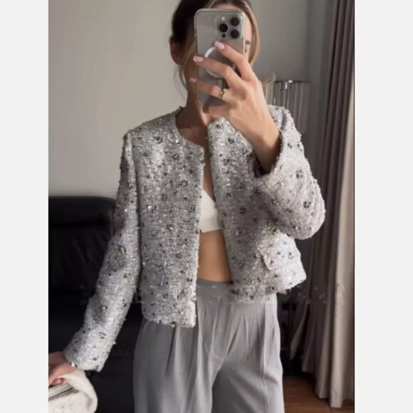 Zara sequin cropped silver jacket - Picture 5 of 6